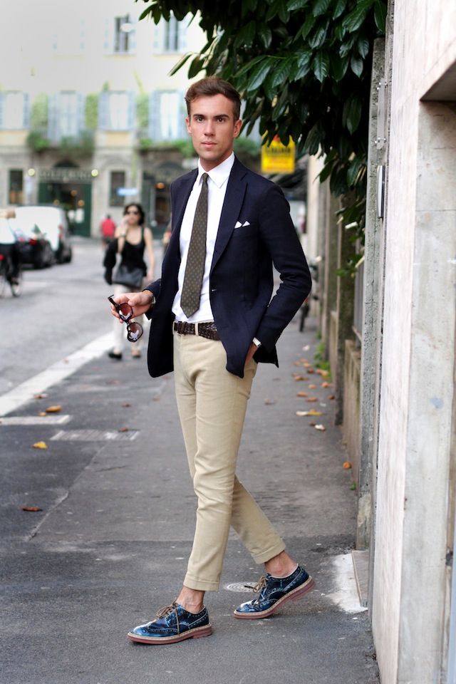 Classic looks: blue jacket & beige chinos. TheThreeF.com | Mens fashion ...